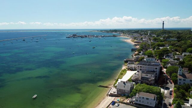 Aerial View of Provincetown Harbor and Pilgrim Monument on Cape Cod Massachusetts