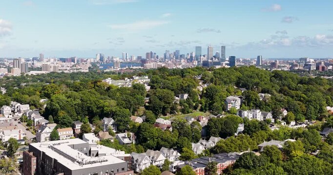Aerial View of Boston Skyline and Corey Hill in Brookline Massachusetts