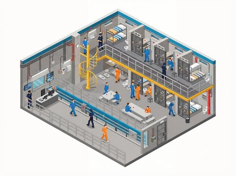 Isometric 3D cutaway vector of a prison cell block interior with inmates and security camera