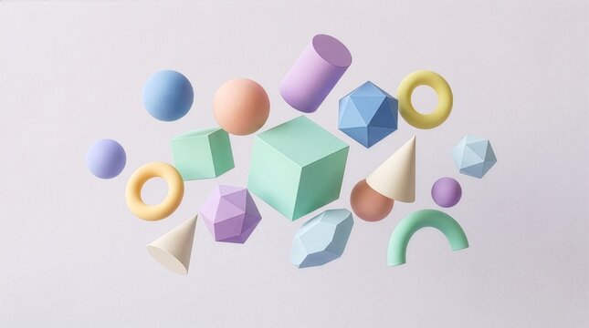 3D floating geometric shapes pattern with soft pastel colors