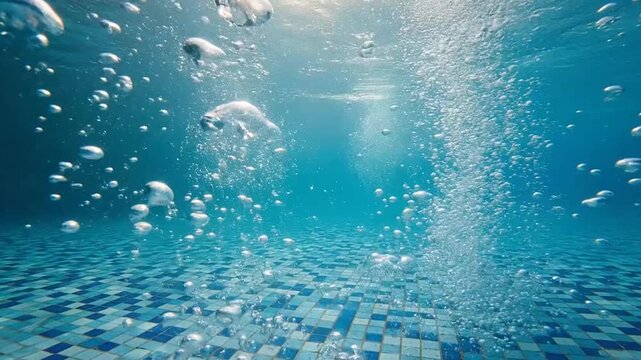 Air bubbles rise through clear blue water in a tiled pool