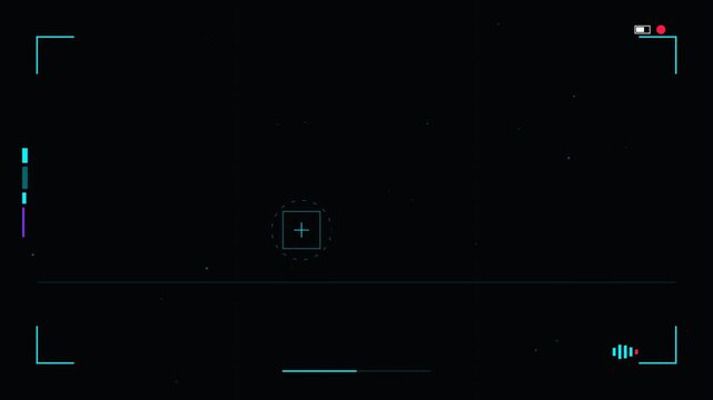 Futuristic Digital Camera Viewfinder HUD with Cyan UI Elements and Target Crosshair Film Overlay