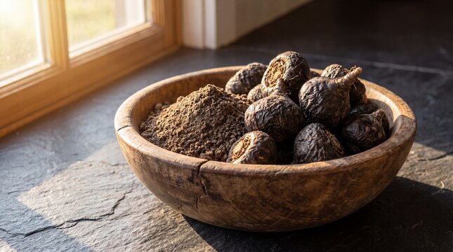 Raw Black Maca Root Superfood Powder in Rustic Bowl for Natural Health