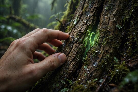 Hand touching tree bark where a glowing green shoot emerges from a crack