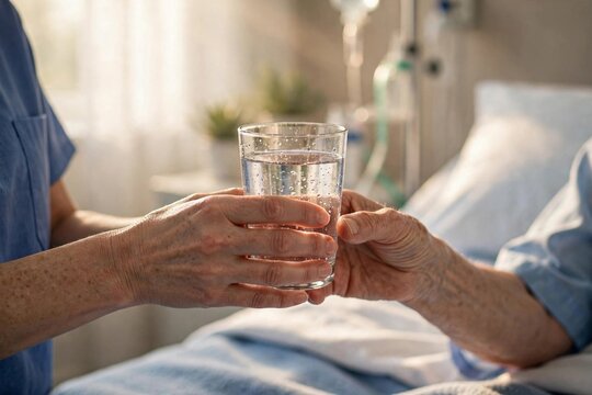 Nurse's hands offering a glass of water to a patient in a morning hospital room