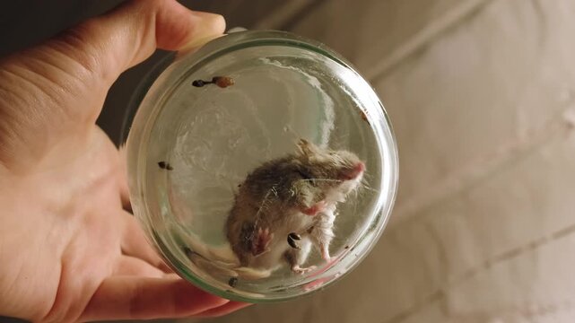 Person holds a trapped gray rat inside a transparent glass jar. Catched mouse trying to get out of the trap. Rodent pest, domestic trap, animal capture. An infection carrier. High quality 4k footage.