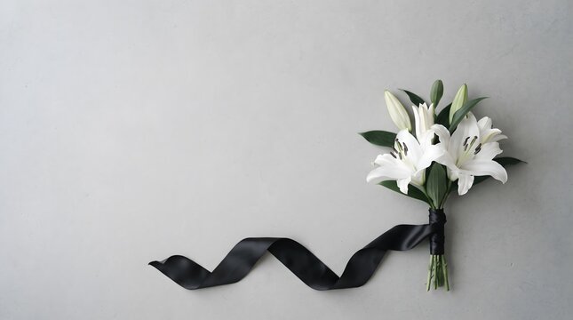 White flowers with a black ribbon on a light gray background