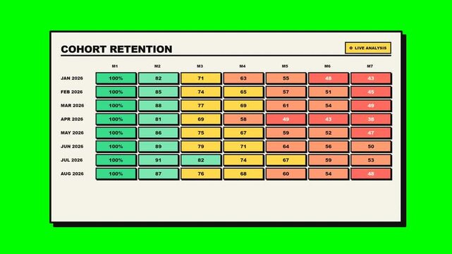A neo-brutalist animated Business Intelligence visualization showing cohort retention, featuring a progressive data matrix reveal, numeric count-ups, analytical highlights, and bold UI components on a