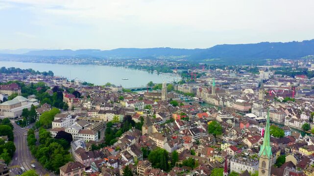 Zurich, Switzerland. Panorama of the city from the air. View of Zurich Lake. Limmat River Expiry Site. Drone footage