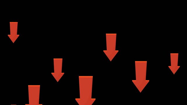 Animated red arrows falling down representing financial crisis. Chroma key green screen with alpha channel. (loopable)