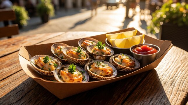 Delicious stuffed clams served in shells with lemon wedges, red sauce. Gourmet seafood snack on wooden table in outdoor cafe at sunset. Tasty mediterranean appetizer platter for sharing during summer