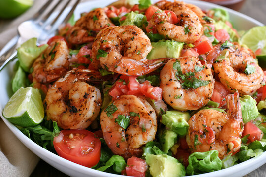 Fresh shrimp and creamy avocado tossed with pico de gallo, tomatoes, lime, cilantro, and red onion for a vibrant Mexican-inspired salad.