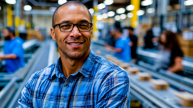 A man in a blue plaid shirt smiling at the camera in a warehouse setting