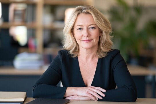 Confident female principal seated at wooden desk in bright administration office