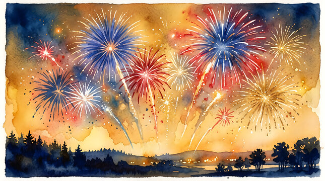 Colorful bright fireworks exploding in the night sky over a dark forest landscape illustration