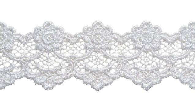 Delicate white floral lace trim with scalloped edge, isolated on transparent background