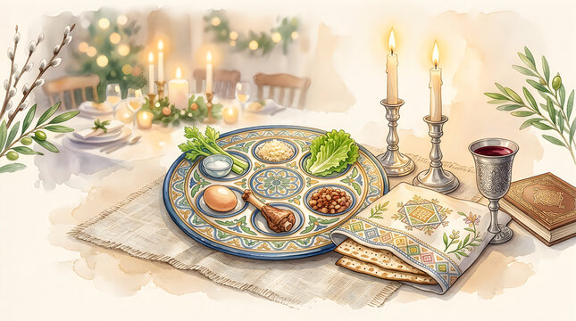 Passover seder plate with matzah bread wine and candles for jewish holiday celebration
