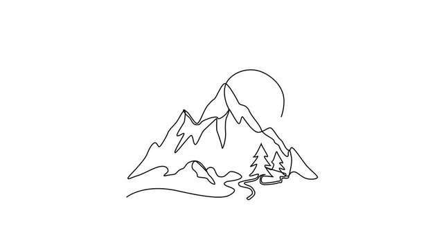 Continuous line of mountain landscape with sun and pine trees minimalist nature animation single line