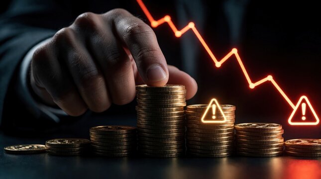 Businessman hand touches stacks of gold coins. Falling red arrow line shows economic crash, financial loss. Warning symbol marks low revenue, bankruptcy risk. Money market decline during global