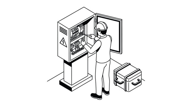 Professional electrician working on electrical panel maintenance using screwdriver in isometric vector line art style
