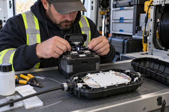 Fiber Optic Technician Repairing Drop Cable