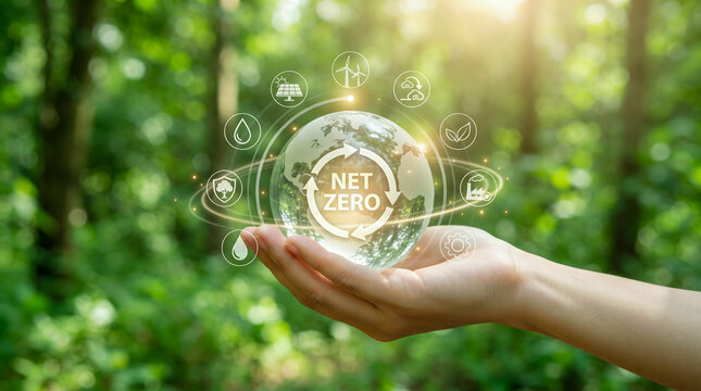 Hand holding a glass globe with net zero emission icons