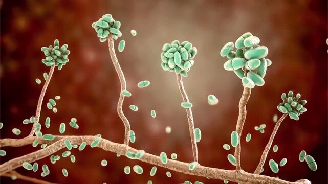 Acremonium fungus, 3D animation showing septate hyphae and conidiophores, clinically significant rare invasive fungal pathogen affecting immunocompromised patients.