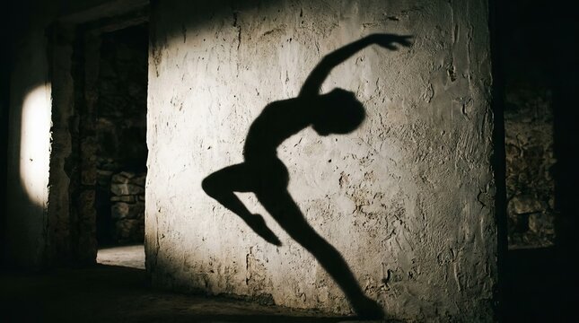 Dark shadow silhouette of a graceful dancer leaping against a textured stone wall