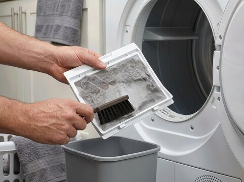 Hands cleaning lint filter beside clothes dryer