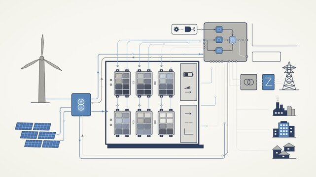Schematic Illustration of a Sustainable Smart Energy Grid with Wind Turbines, Solar Panels, and Battery Storage System for Eco-Friendly Power