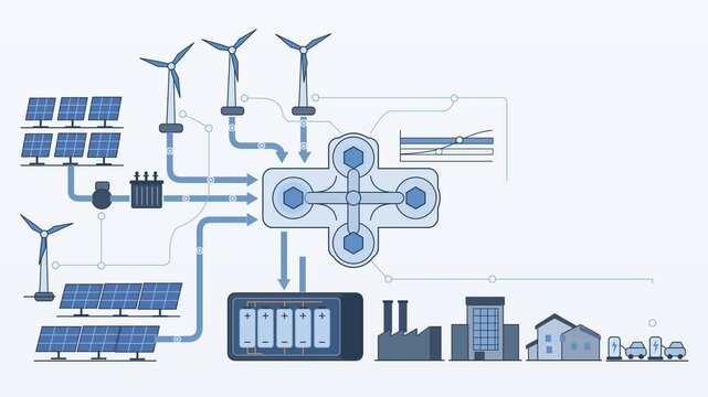 Integrated Renewable Energy Smart Grid Infrastructure with Solar Panels and Wind Turbines Distribution Diagram