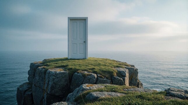 Surreal white door stands open on rocky cliff edge overlooking calm ocean. Abstract conceptual imagery shows portal to sky new dimension above sea. Dreamy landscape represents mystery, freedom,