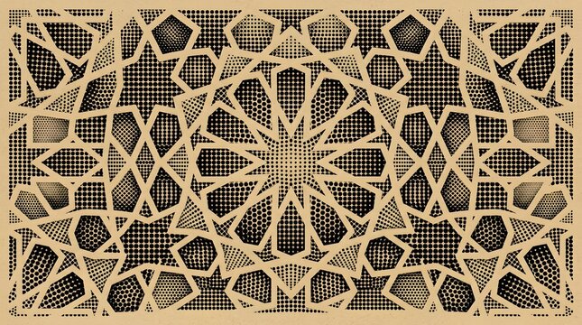 Arabic geometric pattern with halftone dots background for luxury islamic card design.
