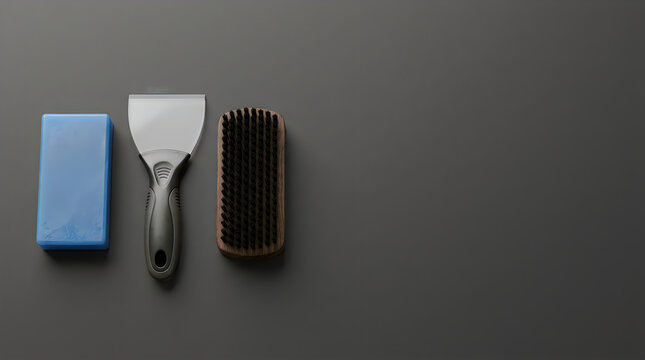 Flat lay of hair styling tools including clippers comb and blue hair wax