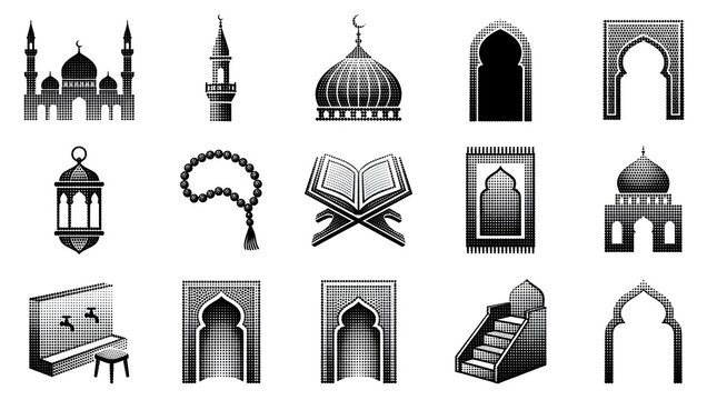 Islamic icon set featuring mosque minaret lantern and quran in black halftone dot style.