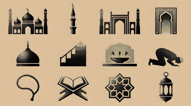 Set of islamic architectural elements and spiritual icons in vintage halftone dot design.