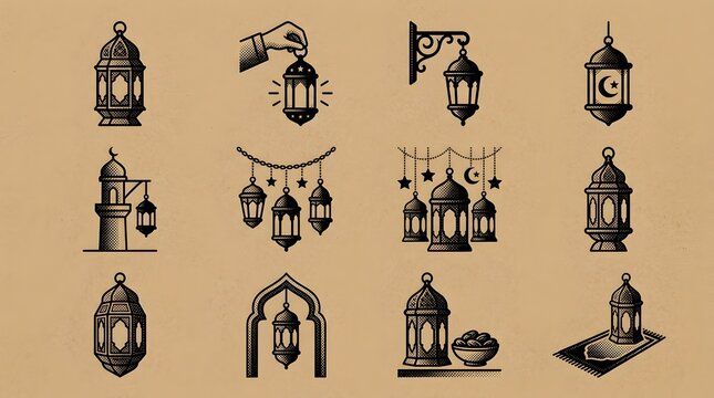 Set of black vintage ramadan lanterns with different shapes on a warm textured background.