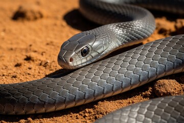 Obraz premium Large black snake crawls on dry orange desert ground. Venomous reptile moves through sand, dirt in wild nature. Close up of scaled skin, eye of dangerous serpent predator in hot arid habitat during