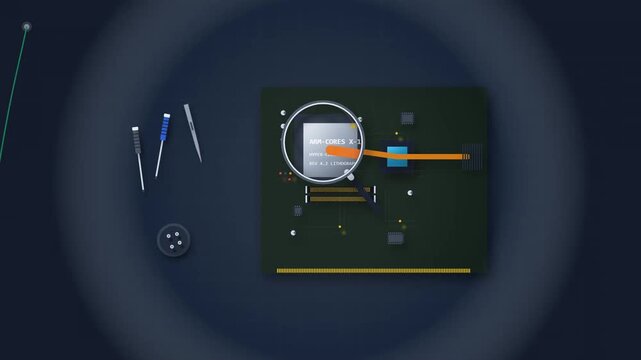 Magnifying Glass Analyzing and Scanning Components of a Green Motherboard Circuit Board, Animation of Computer Hardware Diagnostics