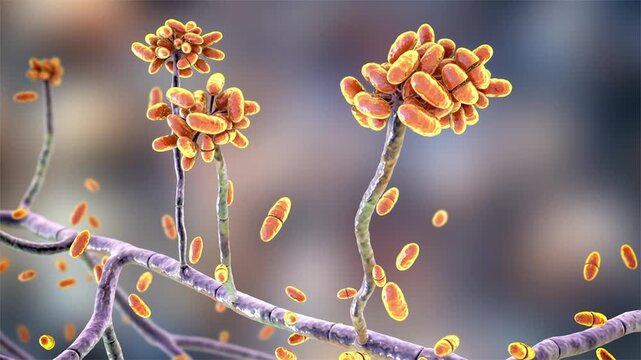 Acremonium fungus, 3D animation showing septate hyphae and conidiophores, clinically significant rare invasive fungal pathogen affecting immunocompromised patients.