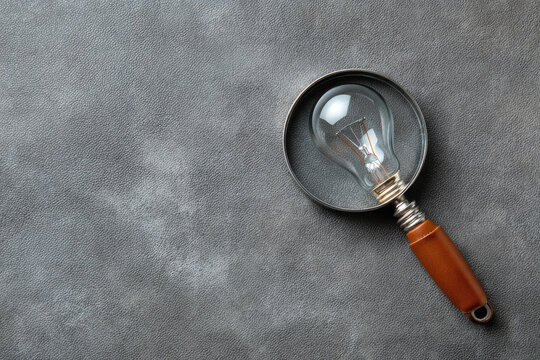 magnifying glass with light bulb on grey leather background business creativity ideas cocnept with free copysapce four your ideas text 