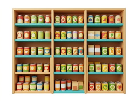 Community pantry shelves with canned food, emergency aid concept