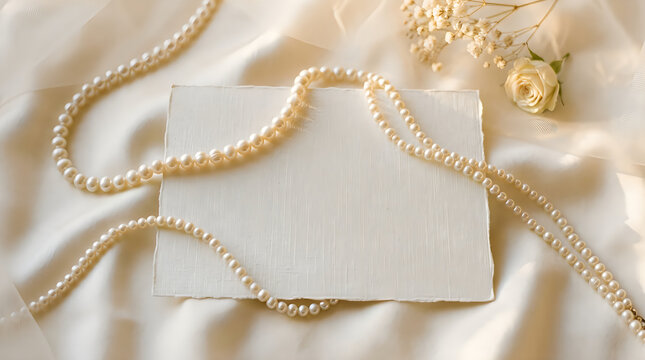 Elegant blank paper card with pearls and soft flowers on a draped silk fabric background