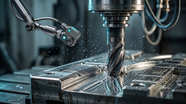 Photorealistic Close Up Of A CNC Milling Machine Cutting A Metal Block