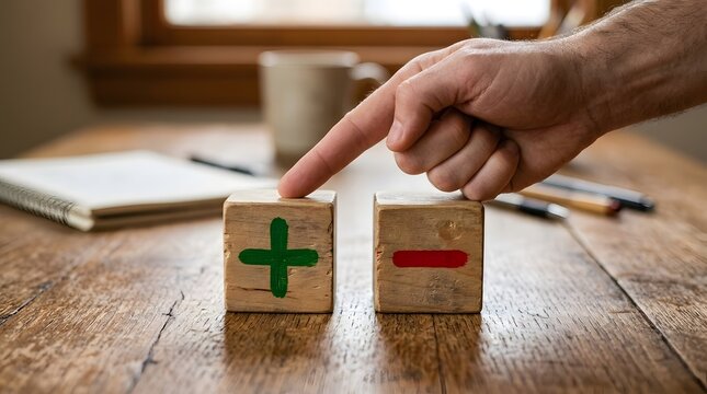 Hand Selecting Green Plus Sign Beside Red Minus Sign on Wooden Blocks