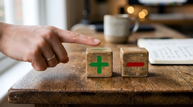 Hand Selecting Green Plus Sign Beside Red Minus Sign on Wooden Blocks