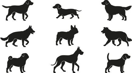 Fototapeta premium Collection of Dog Breed Silhouettes Isolated on Light Background Featuring Various Domestic Canine Profiles and Poses