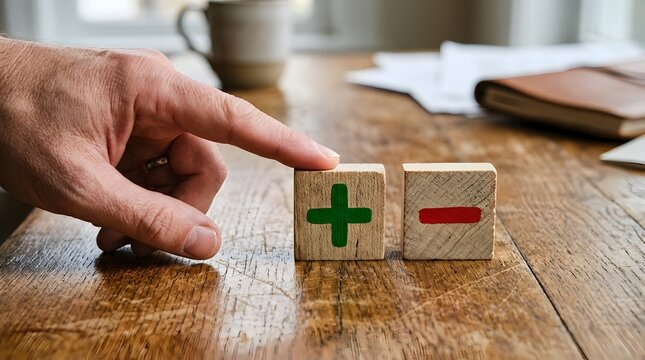 Hand Selecting Green Plus Sign Beside Red Minus Sign on Wooden Blocks