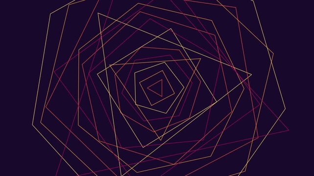 Abstract geometric background with rotating concentric polygons and lines in a spiral pattern, creating a dynamic optical illusion effect in vibrant colors on a dark purple backdrop