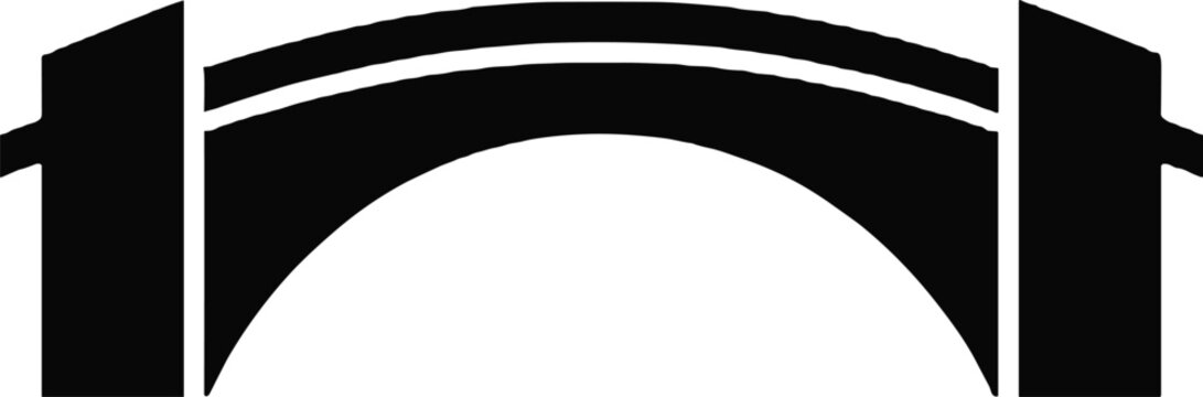 Black silhouette icon of an arched stone bridge with side pillars on a white background architecture